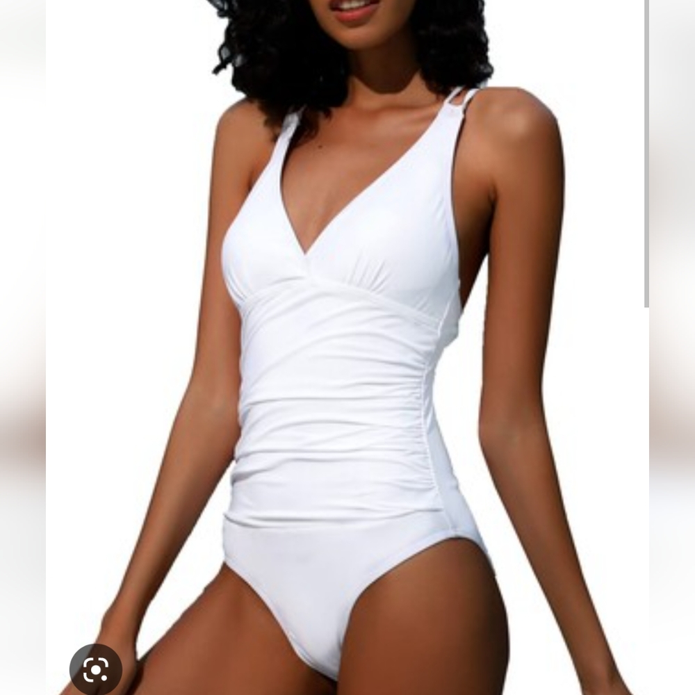 White One Piece Swimsuit Strappy Back Tummy Control Bathing Suit Women LARGE